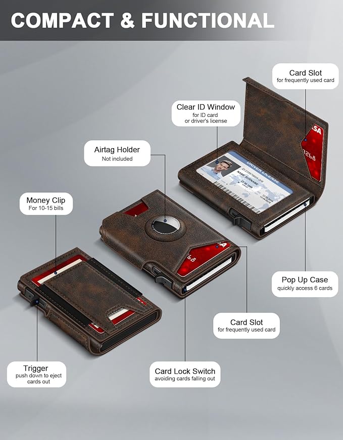 Airtag Wallet for Men, Minimalist Slim Mens Wallet Smart Pop Up Credit Card Holder for 9-13 Cards, RFID Blocking Wallet with ID Window & Cash Slot, Compact Bifold Metal Aluminum Card Case