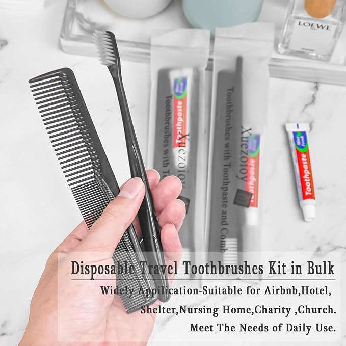 50 Pack Black Disposable Toothbrushes with Toothpaste and Comb Set,10g Toothpaste,7inch Hair Comb,Individually Wrapped Disposable Travel Toothbrushes Kit in Bulk for Homeless,Airbnb,Hotel,Shelter
