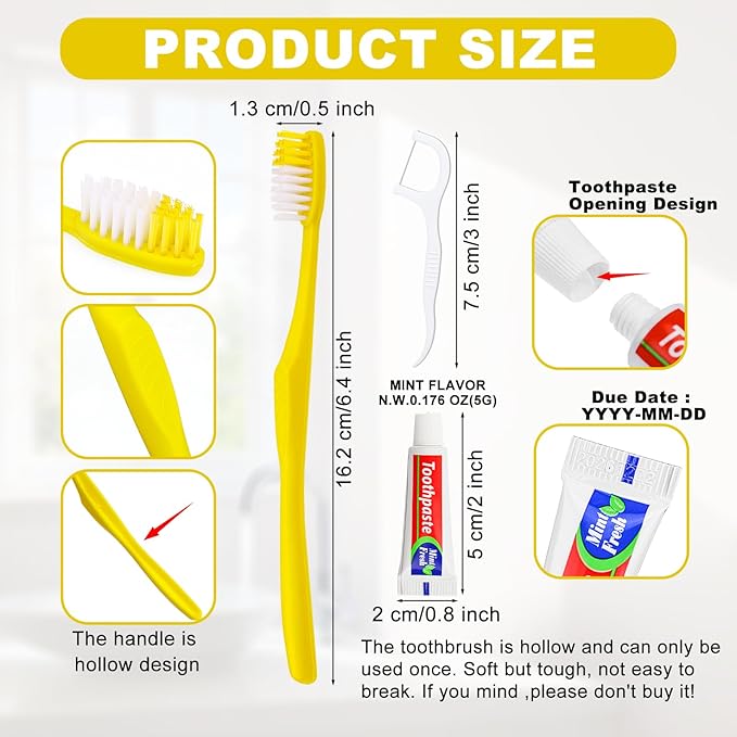 50 pcs Disposable Toothbrushes with Toothpaste and Floss,Yellow Bulk Single Use Toothbrush Floss Pick Individually Wrapped Disposable Travel Toothbrushes Kit for Homeless,Airbnb,Hotel,Guest