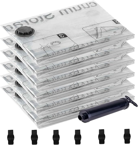 6 Jumbo Vacuum Storage Seal Bags, Space Saver Bags with Travel Hand Pump, Compression Airtight Sealer Bags for Clothes, Bedding, Pillows, Comforters, Blankets