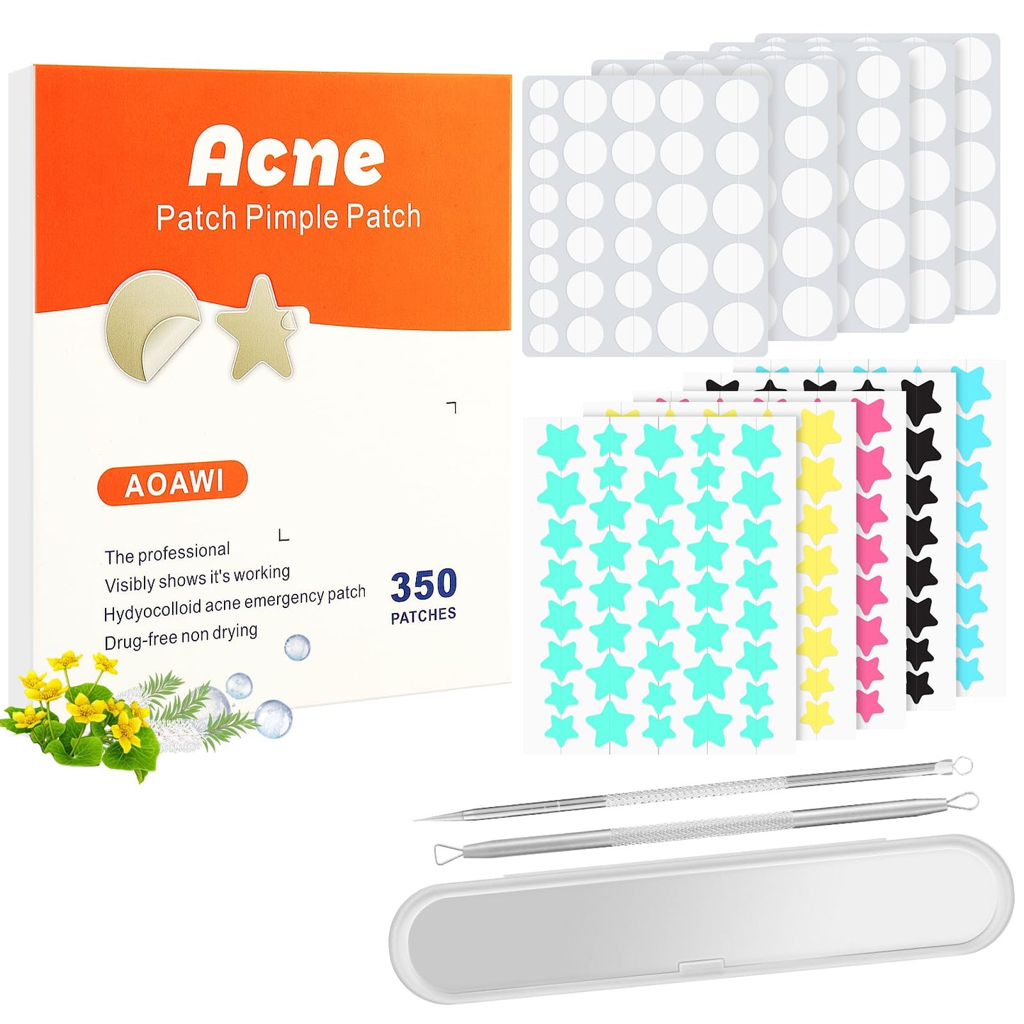 Acne Pimple and blackheads Remover Hydrocolloid patches, 350pcs Holiday colour Star and UltraThin Clear Stickers for Zits, Pimples, Acne,with Salicylic Acid, Tea Tree Oil, Centella acne stick set