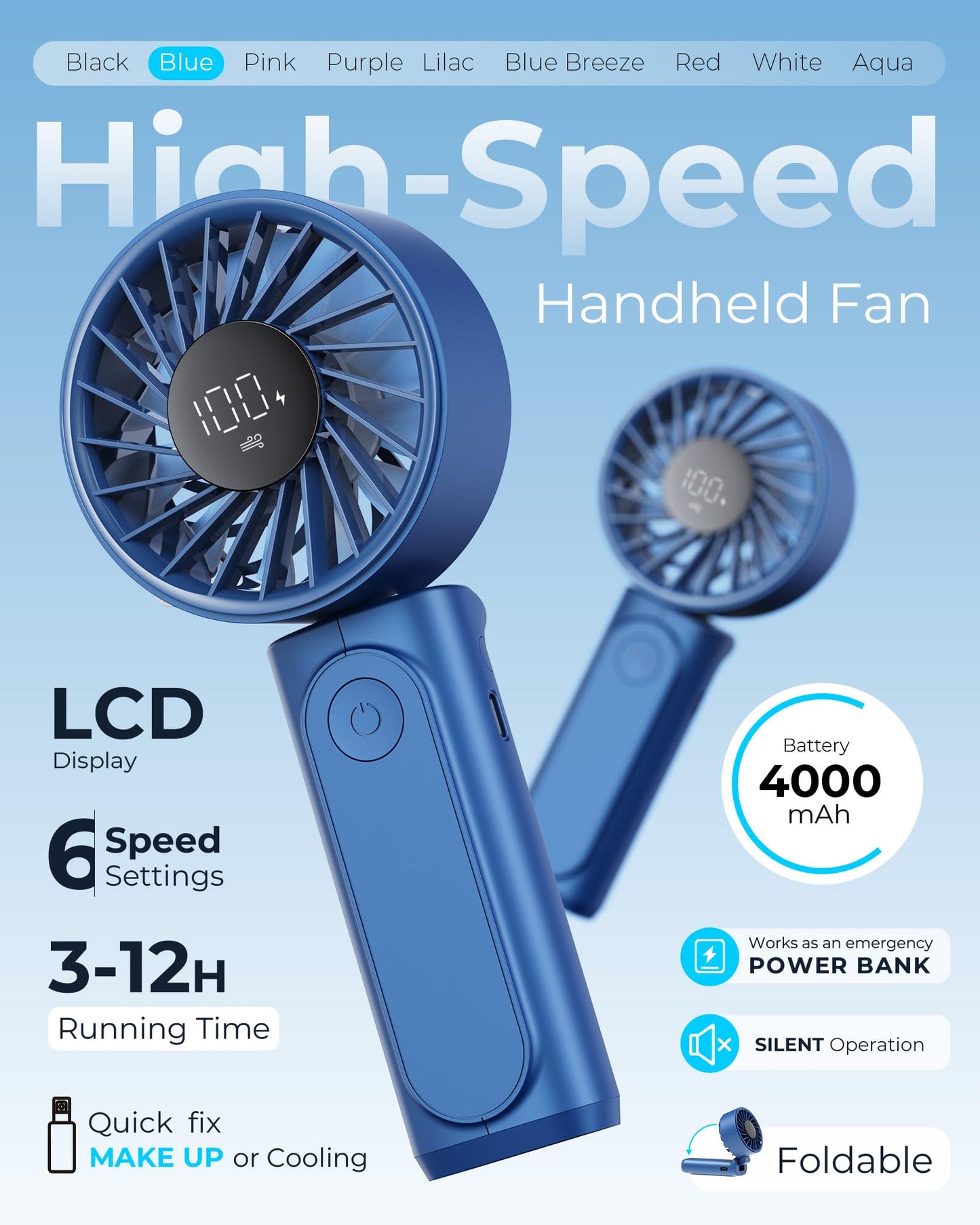 Handheld Fan, Portable Fan, 4000mAh Rechargeable Personal Fan, 180° Foldable Mini Desk Fan with 6 Wind Speed, LCD Digital Display, Lanyard as Neck Fan, Ultra Quiet, Pocket Size for Indoor Outdoor