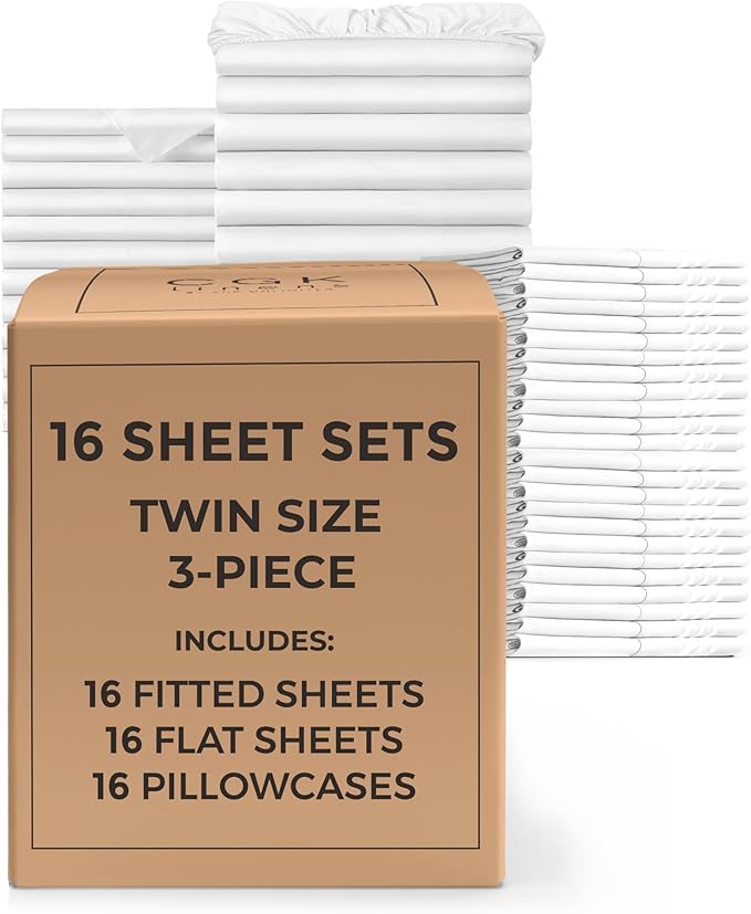 Bulk Case Pack of 16 Sheet Sets - (16) Complete Twin Size Sheet Sets with Deep Pockets - Wholesale Bulk Bedding for Hotels, Spas & Airbnbs - Breathable, Cooling, Soft & Wrinkle Free - (Twin, White)