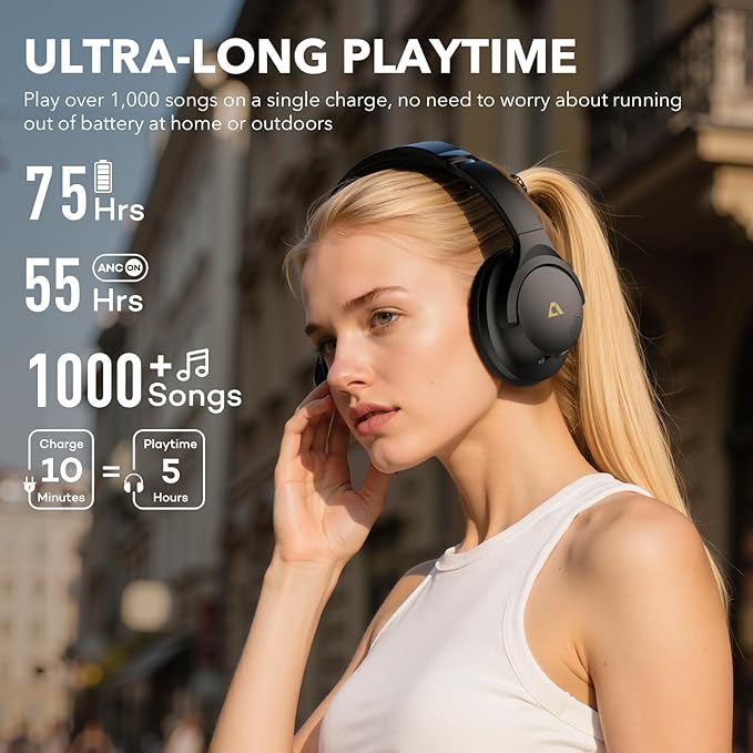 1Mii Y8 Active Noise Cancelling Headphones, Wireless Headphones Over Ear Bluetooth 5.3, LDAC Hi-Res Audio,75H Playtime with Transparent Mode for Work/Travel/Home/Office-Black