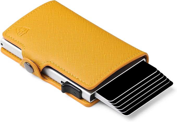 Card Blocr Womens Slim Wallet for Small Purses, Pop Up Wallet with Anti Theft RFID Blocking Credit Card Holder for Women in Orange PU Saffiano Leather