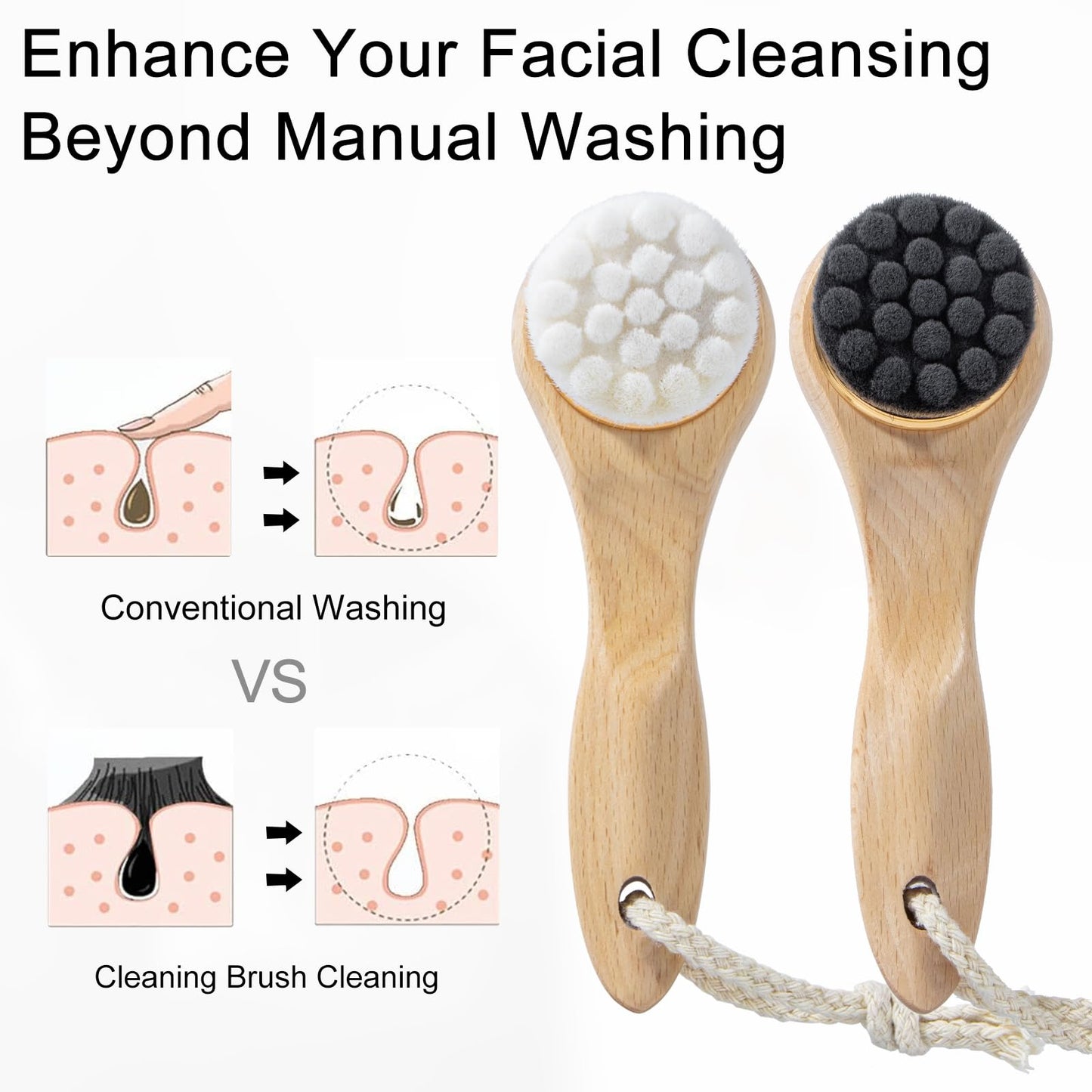 Beomeen 2 Pcs Face Scrubber with Wooden Handle, Facial Cleansing Brushes Face Wash Brush for Deep Pore Cleansing and Exfoliating, Ultra Soft Bristles Manual Dry Brush for Face Care
