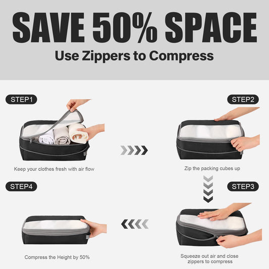 Kookoomia 6 Set Compression Packing Cubes for Travel, Lightweight and Space-Saving Luggage Organizer Bags, Sturdy Travel Essentials for Suitcase, Black