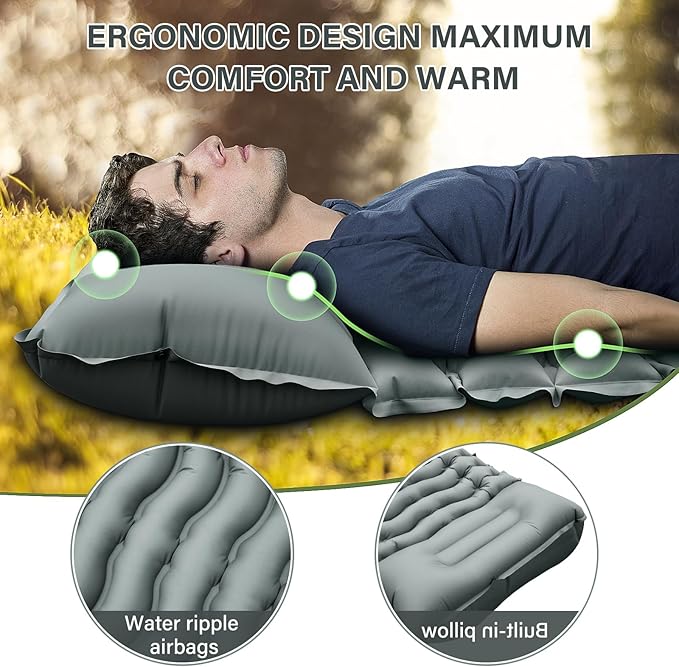 Camping Sleeping Pad, Ultralight Camp Pad with Pillow, Built-in Foot Pump, Inflatable Sleeping Pad, Compact Size for Camping, Backpacking, Hiking and Traveling - Gray