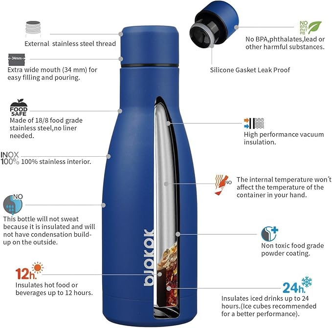 BJPKPK 12oz Water Bottles Stainless Steel Double Wall Vacuum Insulated Small Water Bottles for Travel,Blue