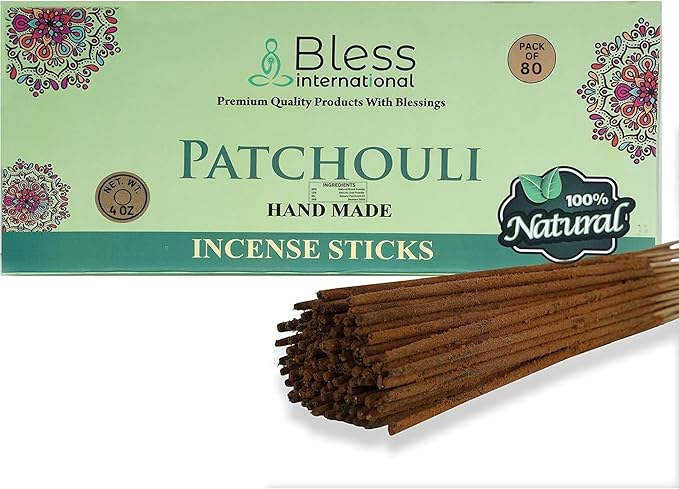Bless-Patchouli 100%-Natural-Handmade-Hand-Dipped Organic-Chemicals-Charcoal-Free Purification-Relaxation-Positivity-Yoga-Meditation Best-Woods-Scent (80 Sticks (4.20 OZ))