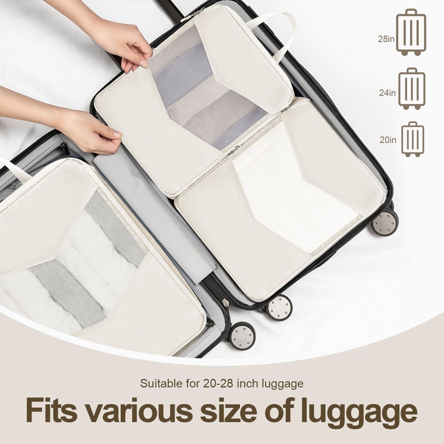 10 Set Compression Packing Cubes for Travel, Suitcase Organizer Bags Set for Travel Accessories, Lightweight Essentials, Beige
