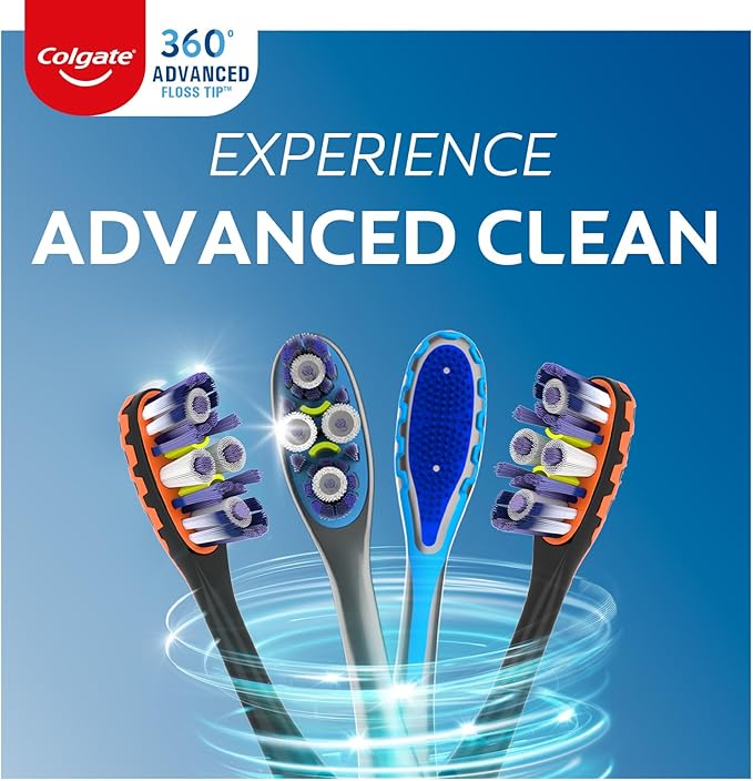 Colgate 360 Advanced Clean Adult Soft Toothbrush Pack, 6 Soft Bristled Toothbrushes with Cheek and Tongue Cleaner, Helps Clean Your Teeth, Tongue, Cheeks, and Gums, 6 Pack