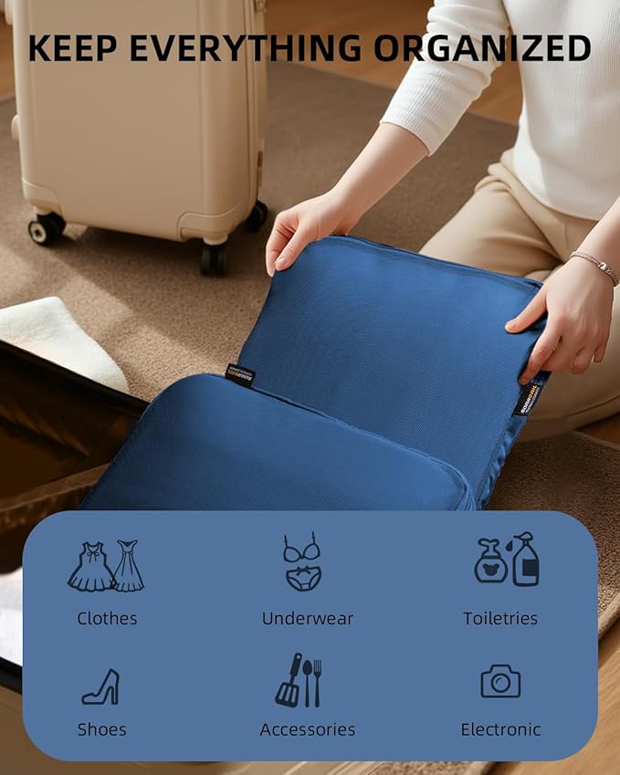 Compression Bags for Travel, XL/L/M/S Luggage Organizers (6 Set, Dark Blue)