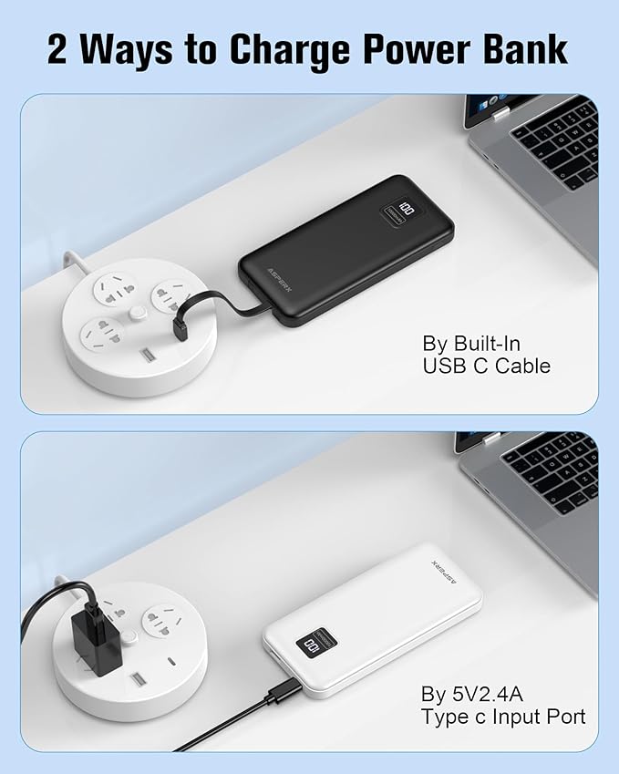 AsperX 2-Pack 10000mAh Portable Charger, USB C Power Bank Fast Charging with Built-in Cables, LED Display External Battery Pack for iPhone, Android, Google LG and Heated Vest