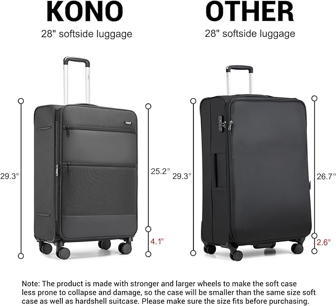 Kono 28 Inch Softside Expandable Checked Luggage with 8 Spinner Wheels TSA Lock Softshell Lightweight Business Travel Suitcase for Men and Women, Black