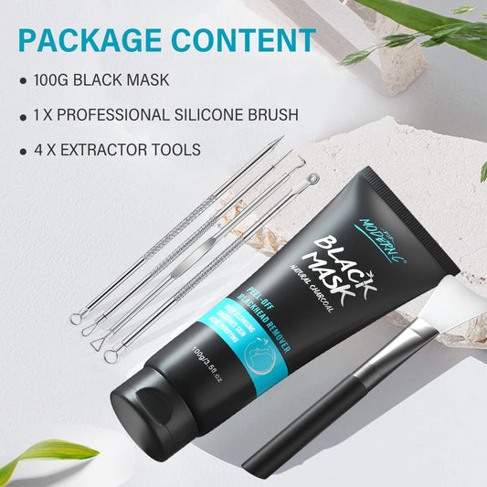 Blackhead Remover Mask Bamboo Charcoal Peel Off Mask Skin Care Face Mask 3-in-1 Kit Pimple & Deep Cleansing Black Facial Mask Shrink Pore With Blackhead Remover Extractor Tools
