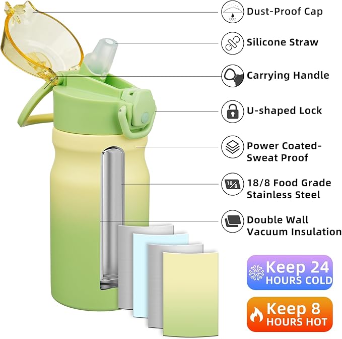 BJPKPK Water Bottle With Straw 14oz Insulated Water Bottles Reusable Stainless Steel Metal Thermo With Leak Proof Lockable Lid And Carry Handle,Lime