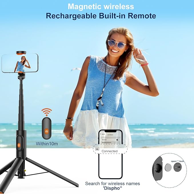 57" Automatic Phone Tripod, Extendable Selfie Stick for iPhone, Portable Cell Phone Stand Mount Holder with Remote Control for Selfie Stick TIK Tok Travel Vlog Live Broadcast Video Recording Black