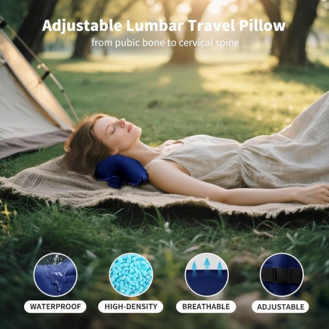 Mixtrend Travel Lumbar Pillow Inflatable Lumbar Support Pillow with Memory Foam, Back Support Pillow for Airplane Long Flight, Essential Travel Support Pillow for Women Men Kids（Navy Blue）