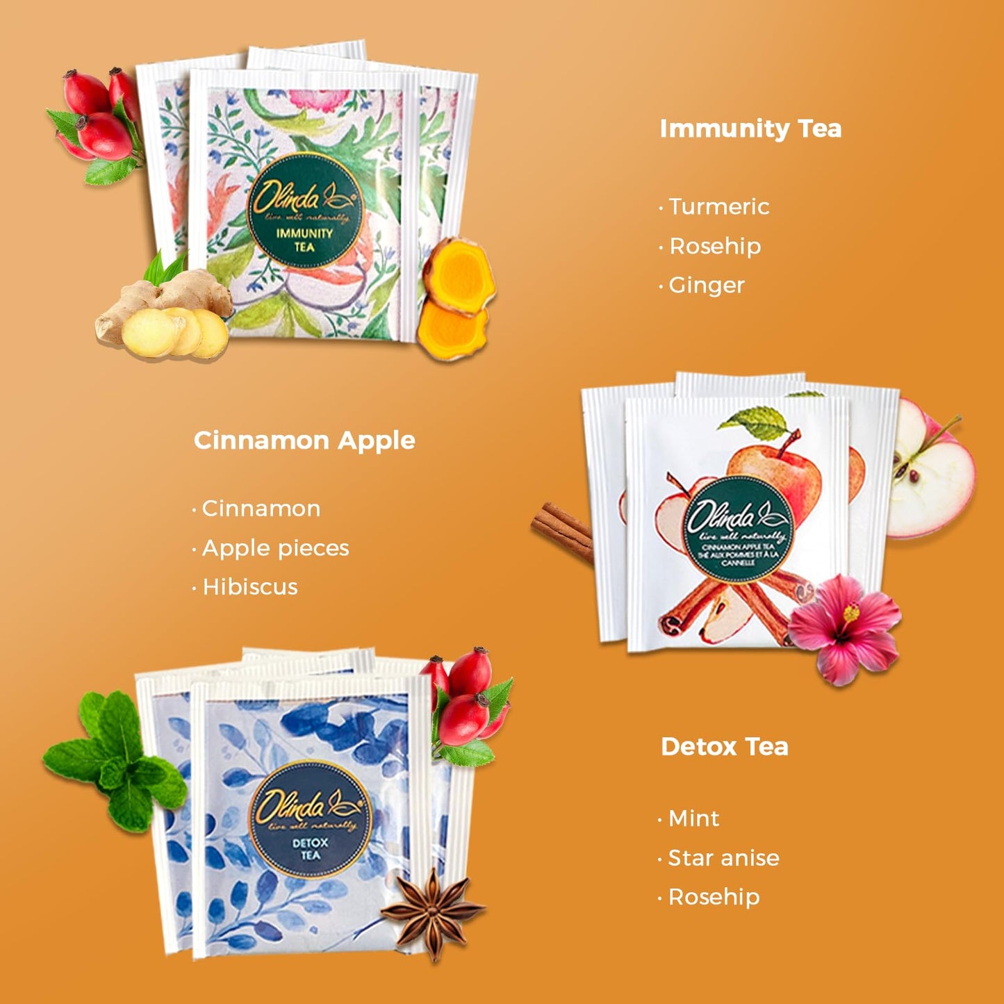 Olinda Health & Vitality Tea Gift Box Tea Samplers Organic Tea Bags Low Caffeine Detox Energy Tea Natural Herbal Gift Set Premium 9 Vareity Pack Individually Wrapped 45 Tea Bags 1 Tea Box Tea Gifts for Women