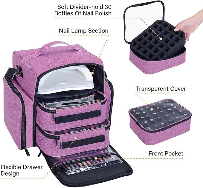 60 Bottles Nail Polish Organizer Box - Portable travel storage box with 2 detachable bags, designed for women's nail tools, essential oils and cosmetics sets Purple