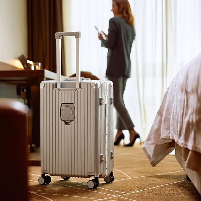 24 Inch Zipperless Checked Travel Luggage with Spinner Wheels,ABS+PC Hard Shell Suitcase with TSA Approved USB Port,Cup & Phone Holder for Women Men,Silver