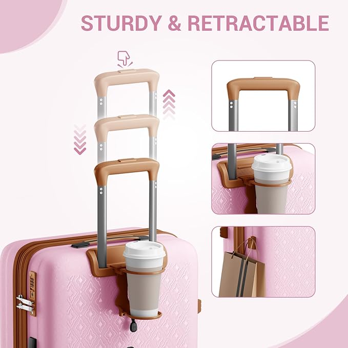 Kono 20 Inch Expandable Hard-Shell Suitcase, Ideal For Short Trips, Durable PP Material, With Hidden Cup Holder & TSA Lock, Pink/Brown