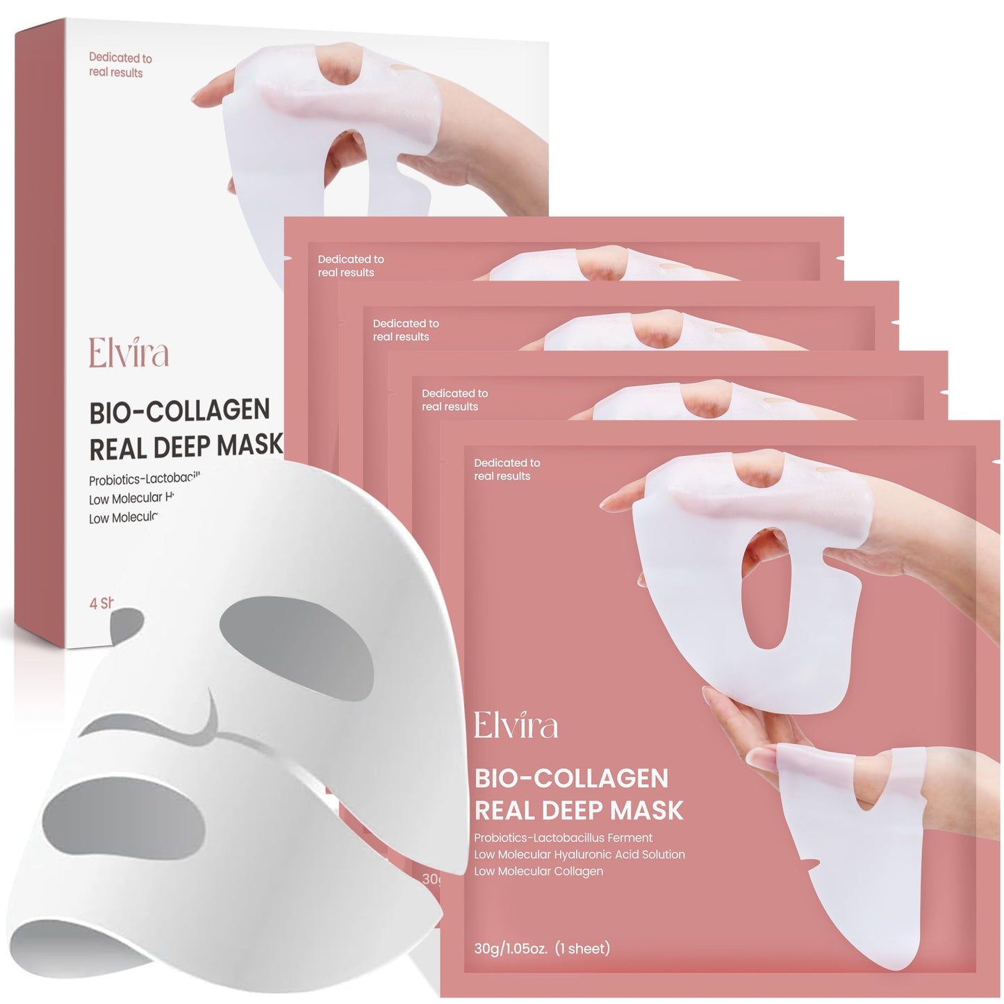 Elvira Bio-Collagen Face Mask - Deep Hydrating Overnight Face Mask, Korean Skincare, Facial Treatments & Masks for Women - Firming and Moisturizing, 4-Pack