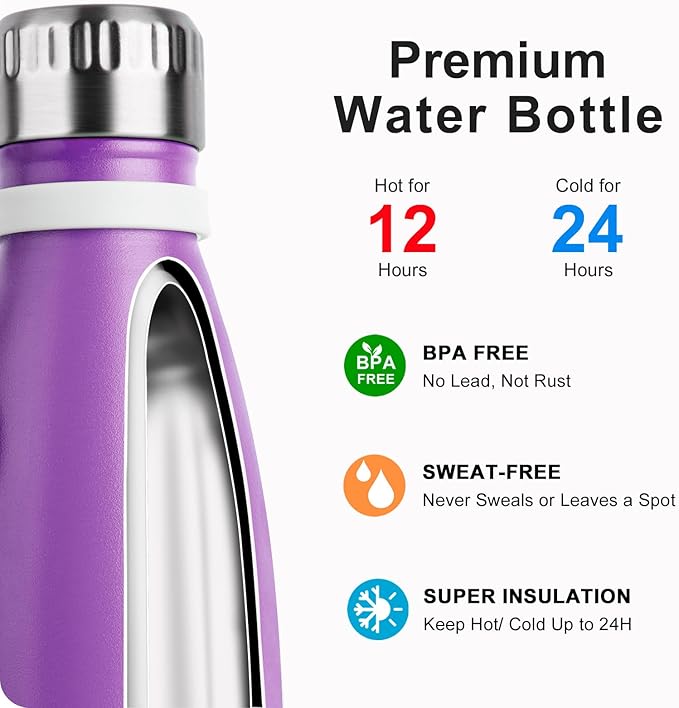 12 oz Water Bottle for Kids Stainless Steel Double Wall Vacuum Insulated Sports Water Bottle for School-Reusable Metal Leak Proof Cola Shape Flask for Girls (Purple)