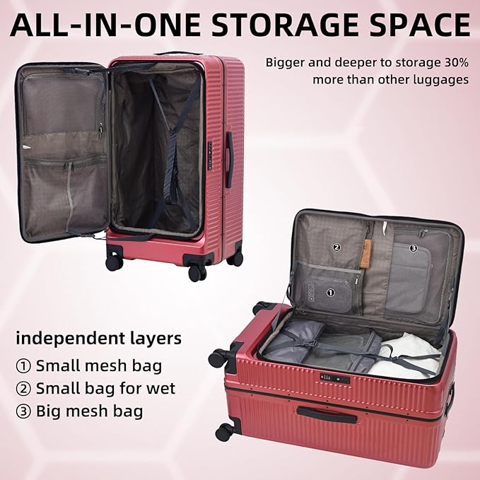 29 Inch Aluminum Checked Luggage with Side Opening Zipper, 40 * 37 * 77cm, 113L, Lightweight Hardshell ABS+PC Suitcase with TSA Lock, 360° Universal Wheels, Wine Red