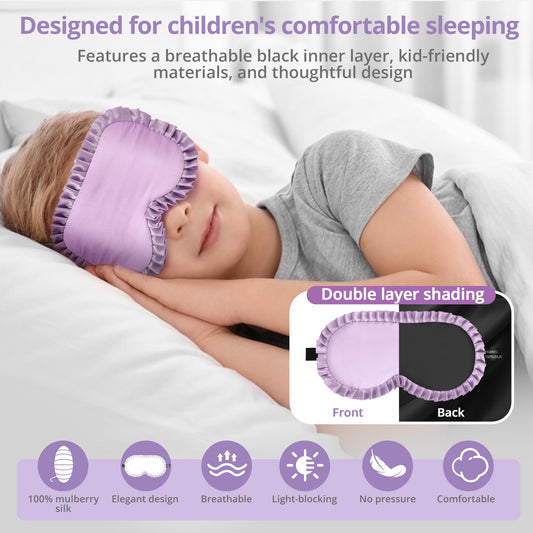 Kids Sleep Mask, 100% Real Mulberry Silk Eye Mask, Sleeping Mask for Kids with Adjustable Elastic Band, Soft & Light Blocking Eye Cover Gift for Boys Girls Teens Age 5+ (Purple)