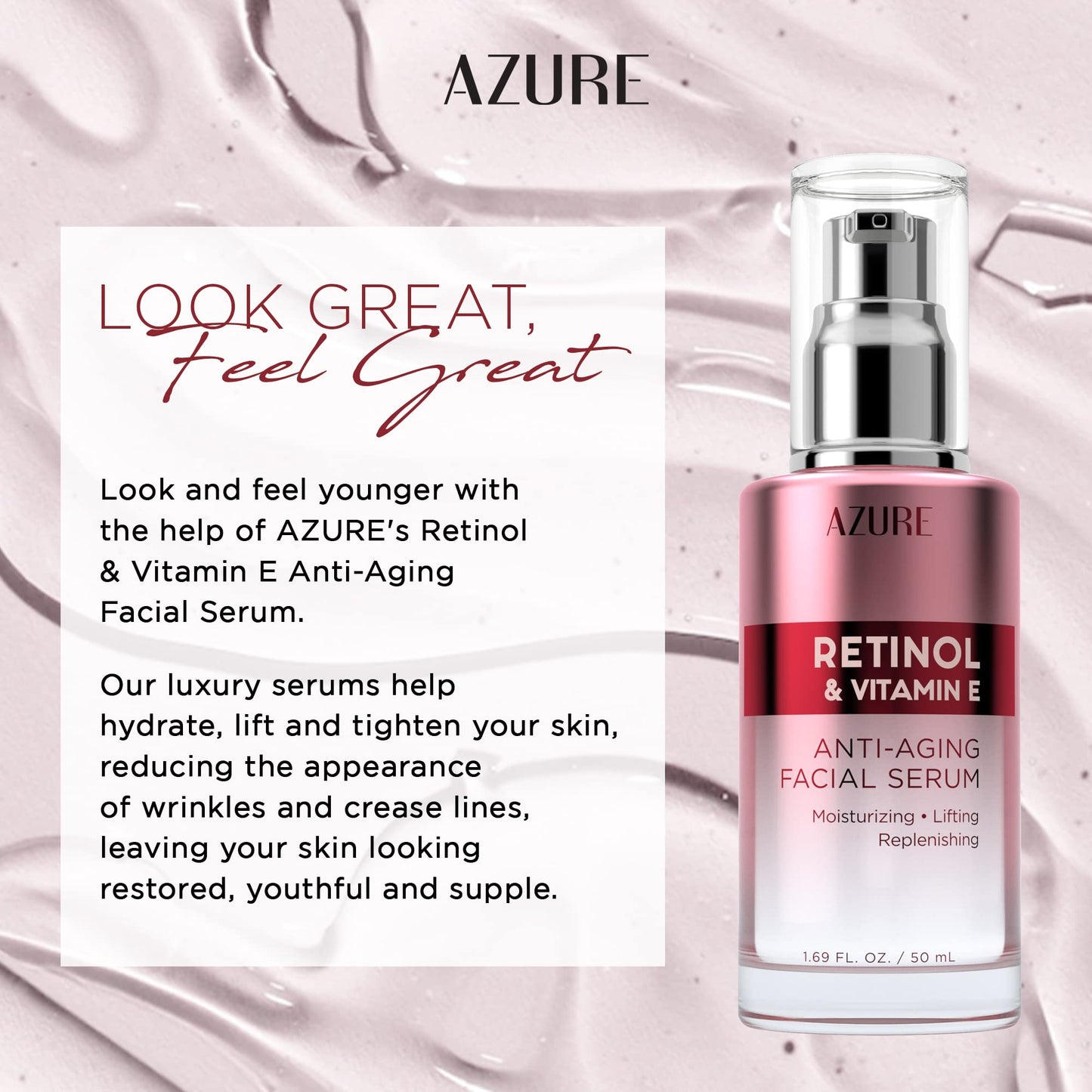 Azure Cosmetics Retinol Serum For Face - Dermatologist Tested, Anti Aging for Dark Spots & Skin Smoothing - Vitamin E for Replenishing & Skin Renewal - Vegan, Clean Beauty, Korean Skin Care - 1.69 oz
