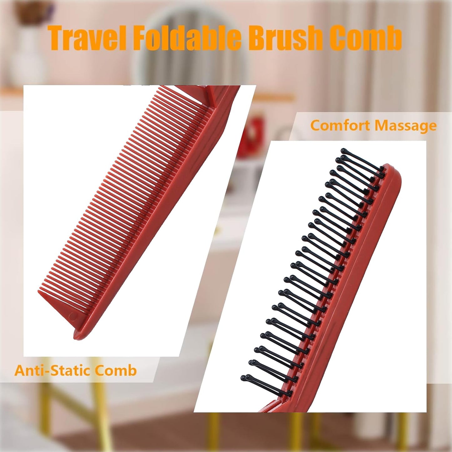 Qjaiune 6PCS Travel Foldable Hair Comb and Brush Set - Anti-Static Mini Pocket Plastic Combs, Double Headed Plastic Hairdressing Tool for Men and Women (White + Burgundy)
