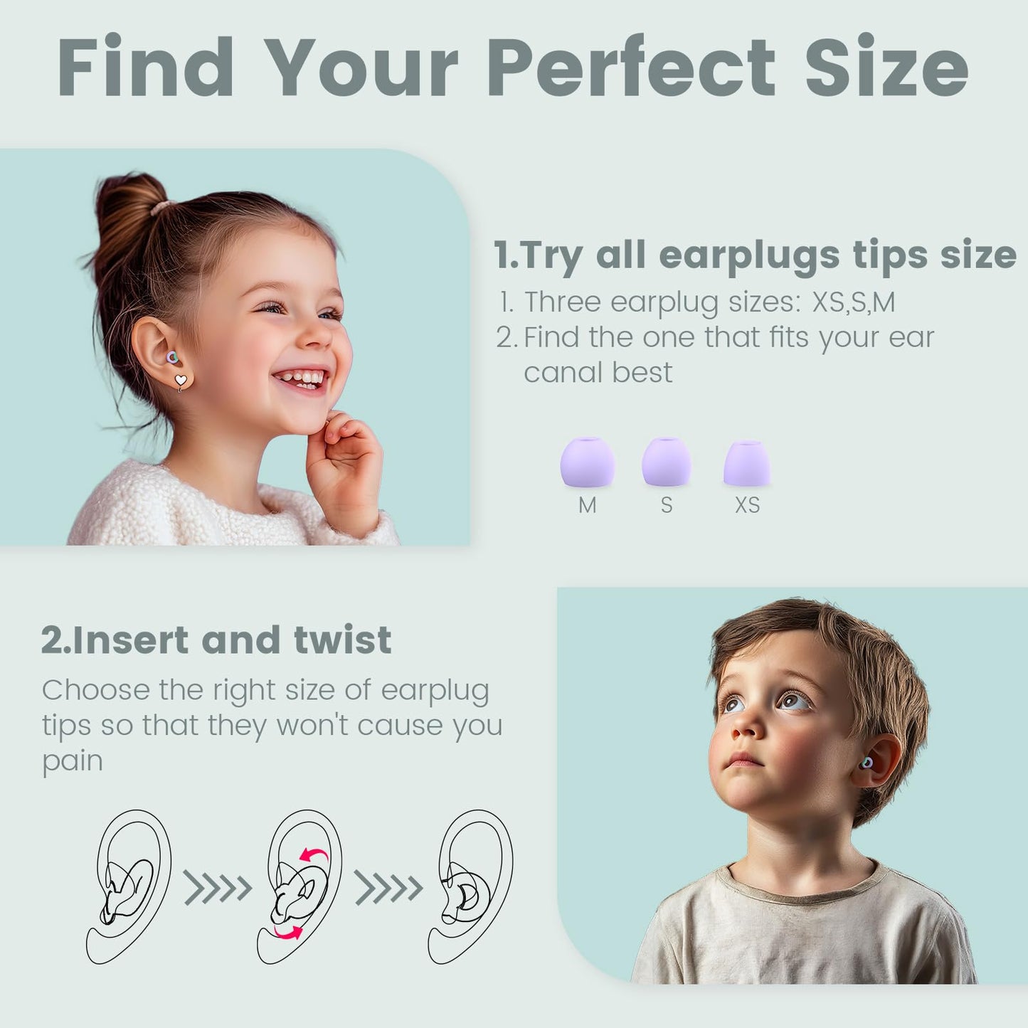 JUSTRVN Kids Ear Plugs(6+yrs)-2 Pairs of Reusable Noise Reduction Earplugs for Small Canal With 6 Tips,Soft Silicone Earplugs for Sleeping,Focus,Travel,Socializing,Concert&Hearing Protection 25dB-30dB
