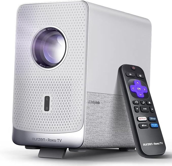 Aurzen Roku TV Smart Projector with Wifi and Bluetooth, D1R Cube Roku Streaming Experience Built-in, Sealed Optical Engine, 1080P FHD, Dolby Audio, Portable Projector for Home/Outdoor Movies Gray
