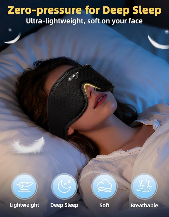 3D Contoured Sleep Mask with Bluetooth Headphones, Adjustable Blackout Sleeping Mask, 1-Hour Timer Sleeping Headphones with Thin Stereo Speakers for Men, Women, Gift - Black