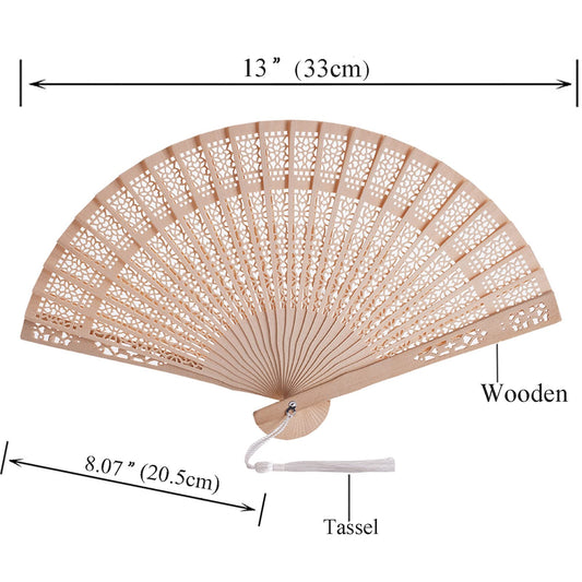 SL crafts 50 Sets Wooden Hand Fan Wood Handheld Folding Fans with Organza Bags and Thank You Tag and Tassels Wedding Party Favors