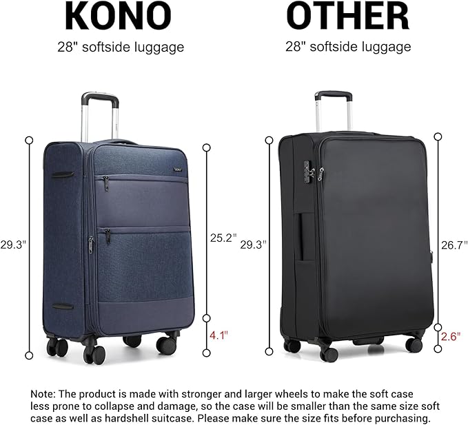 Kono 28 Inch Softside Expandable Checked Luggage with 8 Spinner Wheels TSA Lock Softshell Lightweight Business Travel Suitcase for Men and Women, Navy Blue