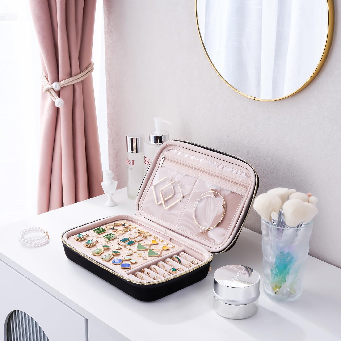 ProCase Large Travel Jewelry Organizer Case, Jewellry Home Storage Book Ring Binder with Clear Pockets for Presentation, Zippered Pouch Bag for Earrings Necklaces Bracelets -Black, Non-loose-leaf