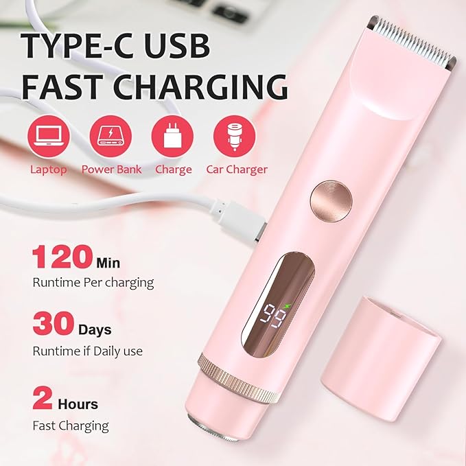 2025 Upgraded Bikini Trimmer for Women, Glow Aura Womens Shaver 2 in 1 with LCD Display, Dual Head Electric Shaver, Waterproof Wet/Dry Body Hair Trimmer for Face, Body & Intimate Areas (Pink)