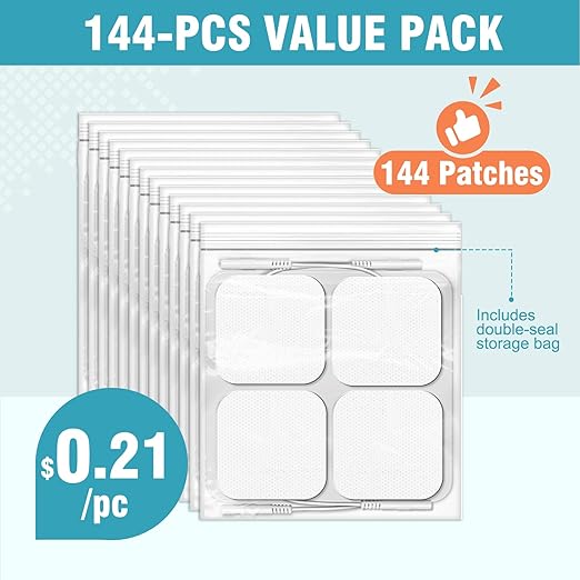 144-Pack TENS Unit Pads (2"x2"), Reusable Self-Adhesive Electrodes Pads with 0.2mm Connector, Latex-Free, Hypoallergenic & Compatible with TENS/EMS