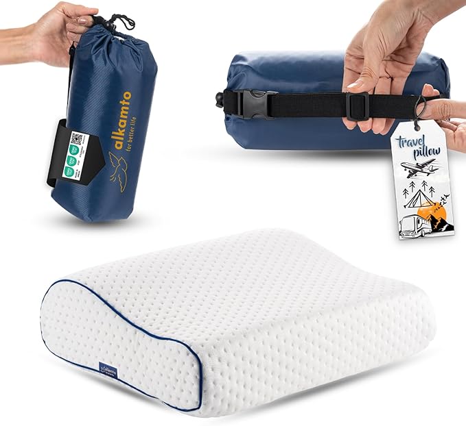 Travel & Camping Comfortable Memory Foam Pillow – Easy to Carry Portable Bag – Temperature Regulating Pillow Case (White Contour)