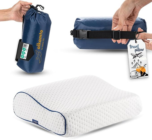Travel & Camping Comfortable Memory Foam Pillow – Easy to Carry Portable Bag – Temperature Regulating Pillow Case (White Contour)