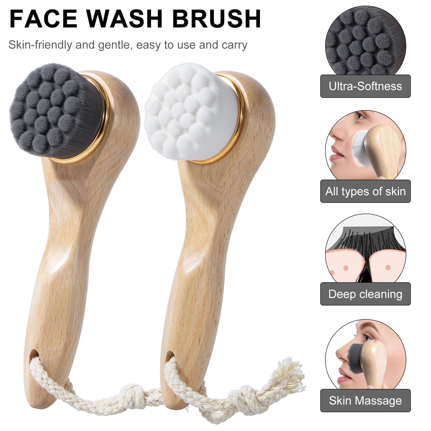 Beomeen 2 Pcs Face Scrubber with Wooden Handle, Facial Cleansing Brushes Face Wash Brush for Deep Pore Cleansing and Exfoliating, Ultra Soft Bristles Manual Dry Brush for Face Care
