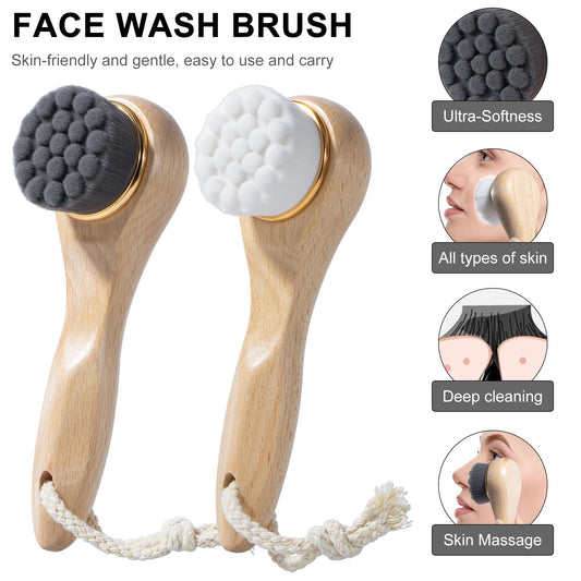 Beomeen 2 Pcs Face Scrubber with Wooden Handle, Facial Cleansing Brushes Face Wash Brush for Deep Pore Cleansing and Exfoliating, Ultra Soft Bristles Manual Dry Brush for Face Care