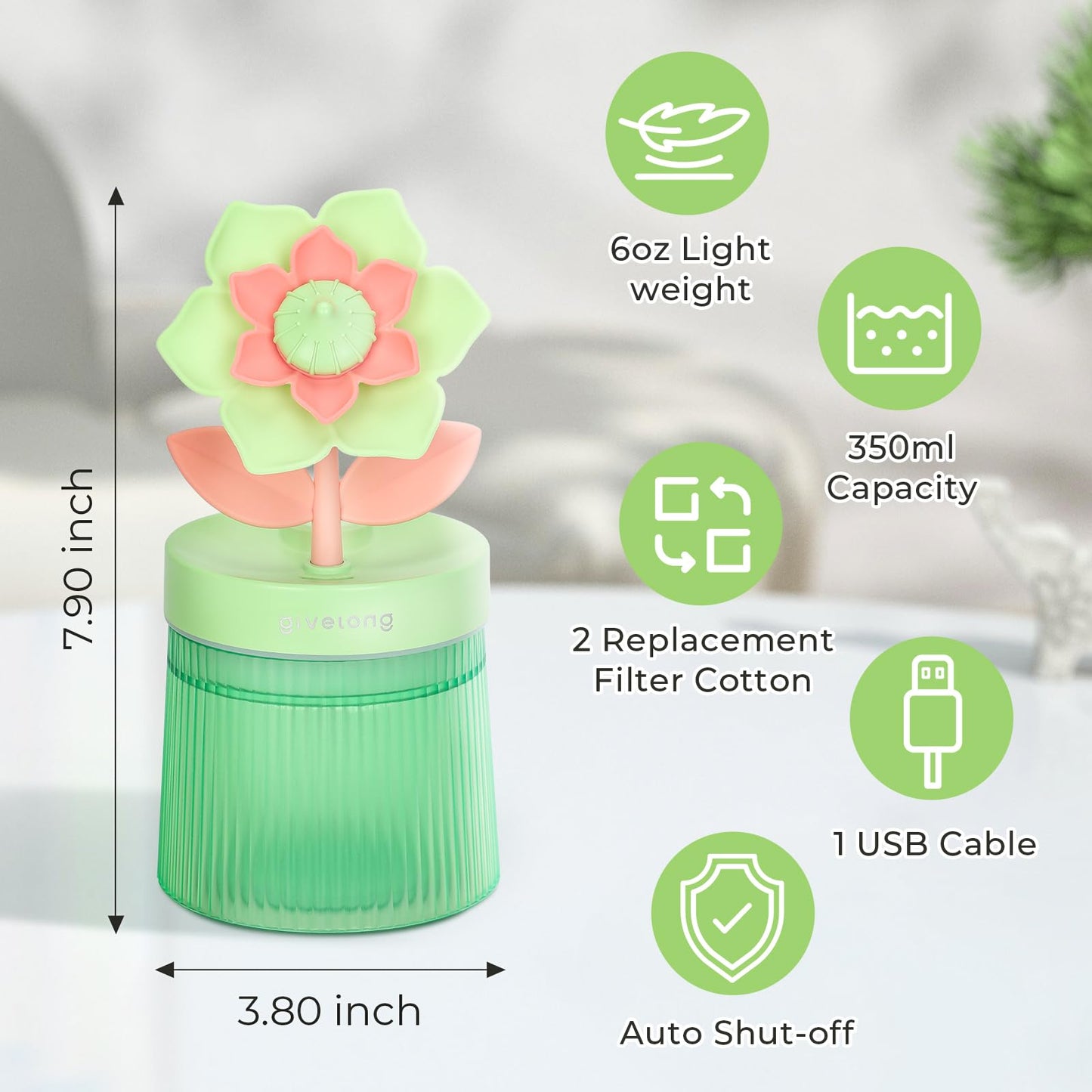 Cute Flower Mini Humidifier, 260ml Gardenia Desktop Humidifiers for Bedroom, Portable Small Cool Mist Humidification for Home, Baby Nursery, Office & Indoor Plants, USB Powered (Green)