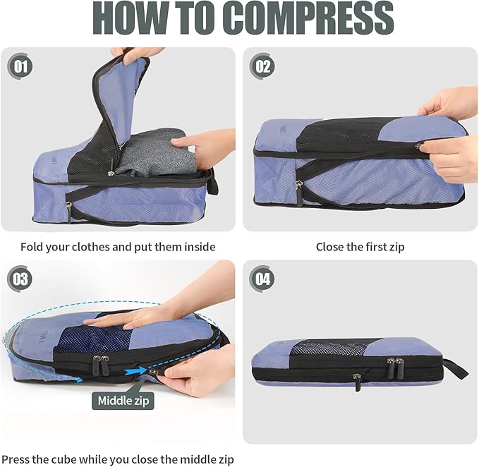 Compression Packing Cubes for Travel, Vacation Travel Essentials, Travel Accessories for Suitcase Organizer Bags Set, Space Saving Luggage Organizer Travel Bags (indigo)