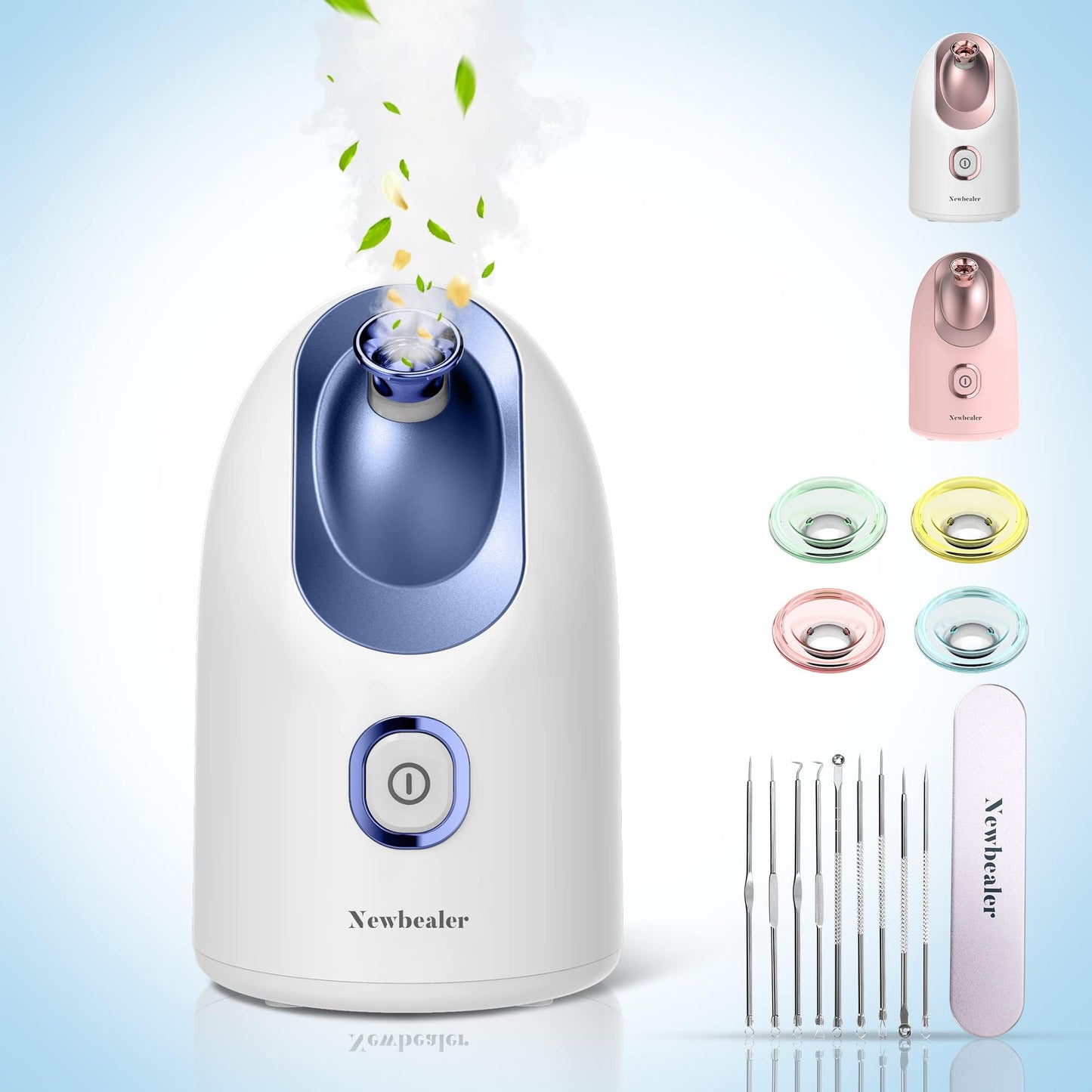 Newbealer Facial Steamer, Mini Aroma Face Steamer, Nano Ionic Hot Mist Face Humidifier for Facial Deep Cleaning, Home Sauna Spa Sprayer with 9 Pieces Acne Remover Kit (Blue, 160ml)