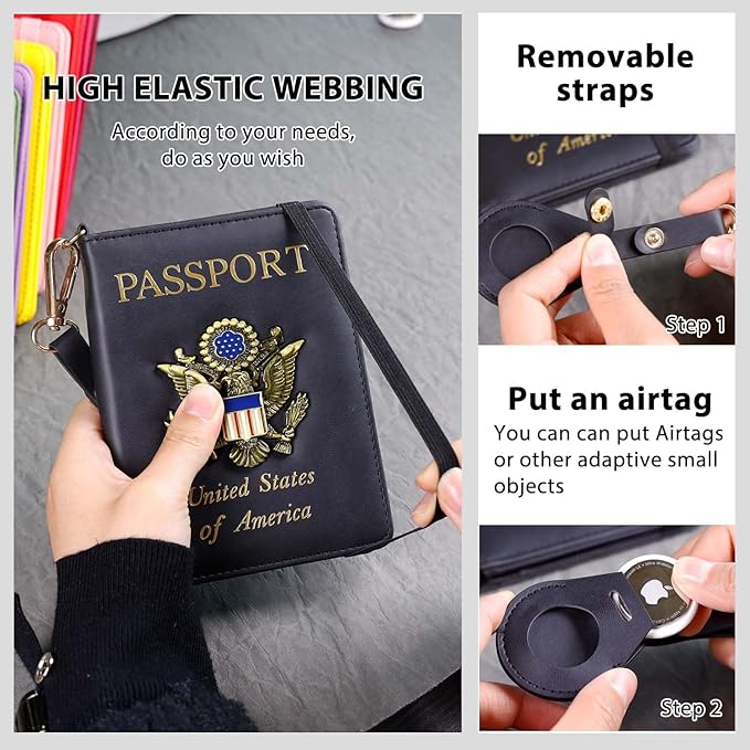 Cnycmy Passport Holder with Airtag,Passport-Wallet-Holder for Women, RFID Passport Holder with Slot Waterproof, PU Leather Travel Passport Case (black1)
