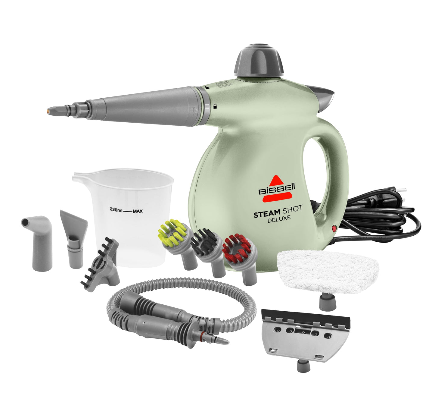 BISSELL Steam Shot Deluxe handheld pressurized steamer for maintenance cleaning with 10 cleaning tools